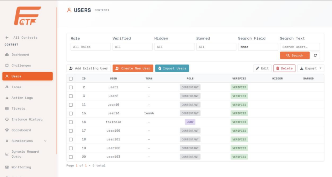 Admin user and team management screen in FCTF