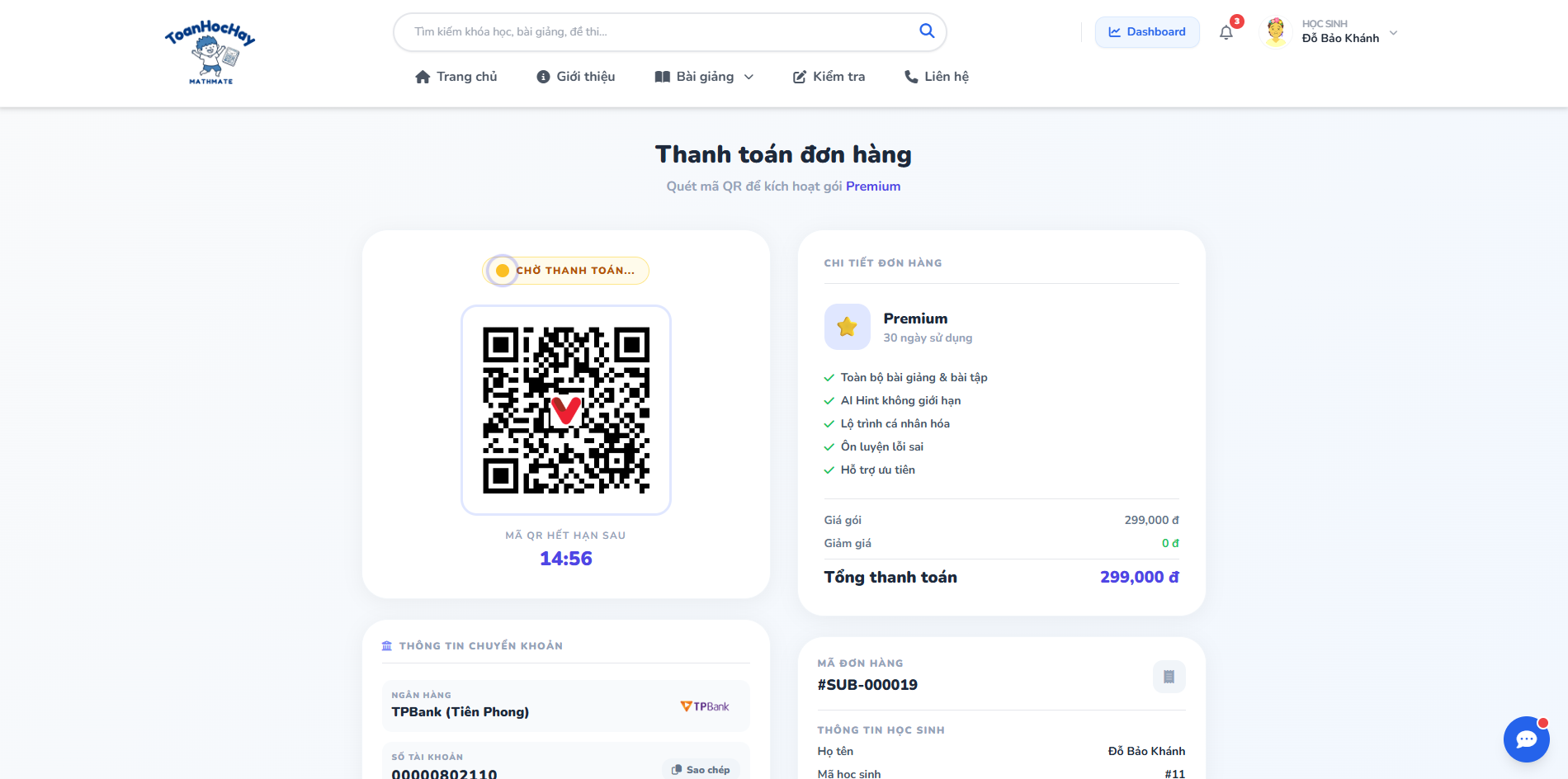 SePay QR checkout page for a Premium package