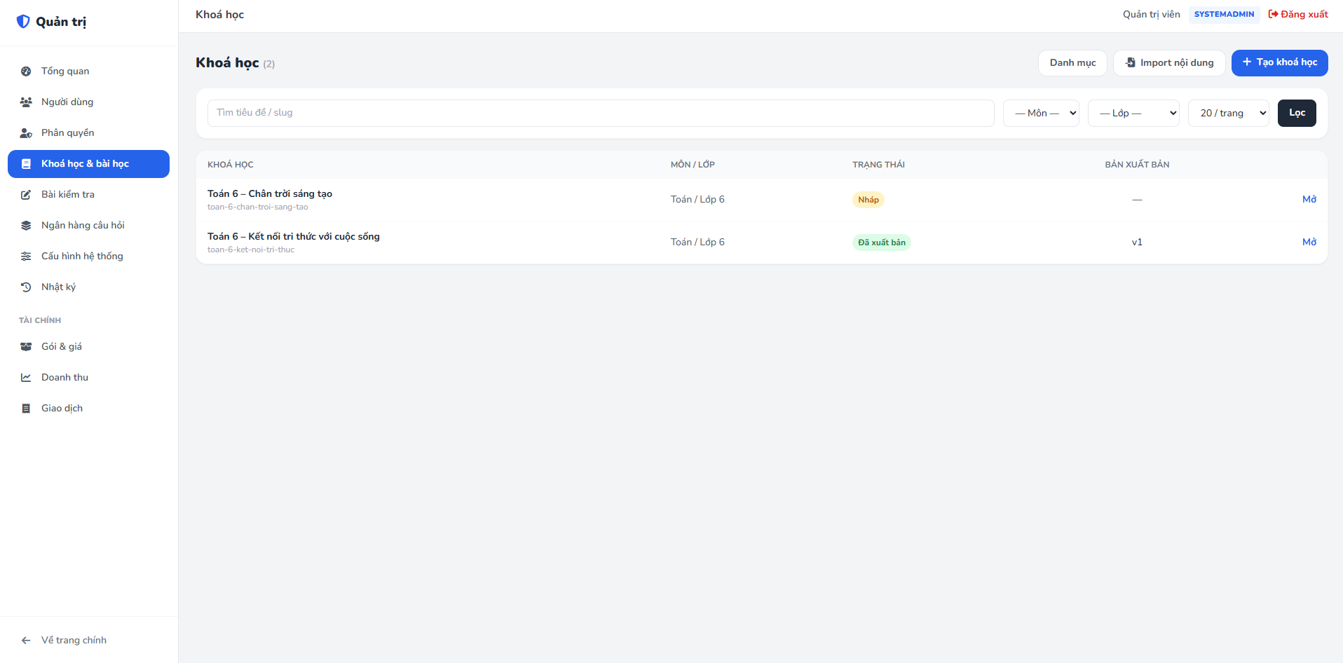 Admin content authoring area with course list and import button